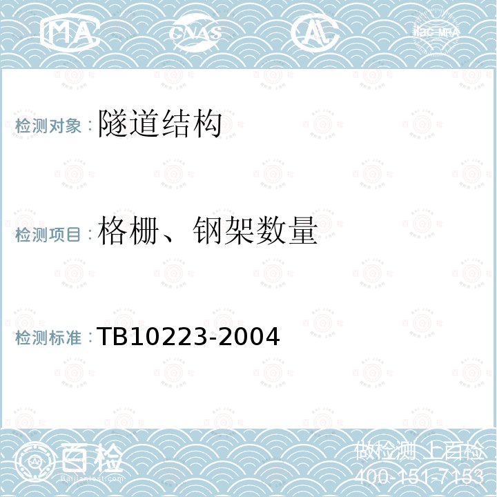 格栅、钢架数量 TB 10223-2004 铁路隧道衬砌质量无损检测规程(附条文说明)