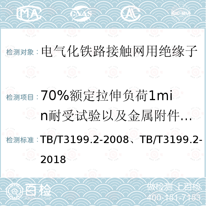 70%额定拉伸负荷1min耐受试验以及金属附件和绝缘子外套间界面的紧密性试验 TB/T 3199.2-2018 电气化铁路接触网用绝缘子 第2部分：棒形复合绝缘子