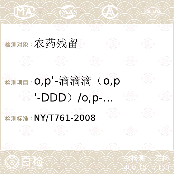 o,p'-滴滴滴（o,p'-DDD）/o,p-滴滴滴（o,p-DDD）/op’-滴滴滴（op’-DDD）/2,4＇-滴滴滴(2,4＇-DDD) NY/T 761-2008 蔬菜和水果中有机磷、有机氯、拟除虫菊酯和氨基甲酸酯类农药多残留的测定