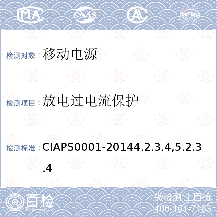 放电过电流保护 CIAPS0001-20144.2.3.4,5.2.3.4 USB 接口类移动电源