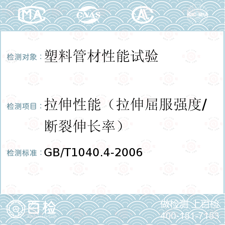 拉伸性能（拉伸屈服强度/断裂伸长率） GB/T 1040.4-2006 塑料 拉伸性能的测定 第4部分:各向同性和正交各向异性纤维增强复合材料的试验条件