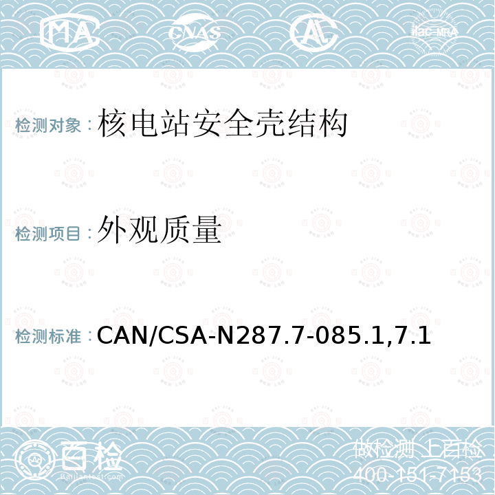 外观质量 CAN/CSA-N287.7-085.1,7.1 CANDU核电厂混凝土安全壳结构在役检查和试验要求