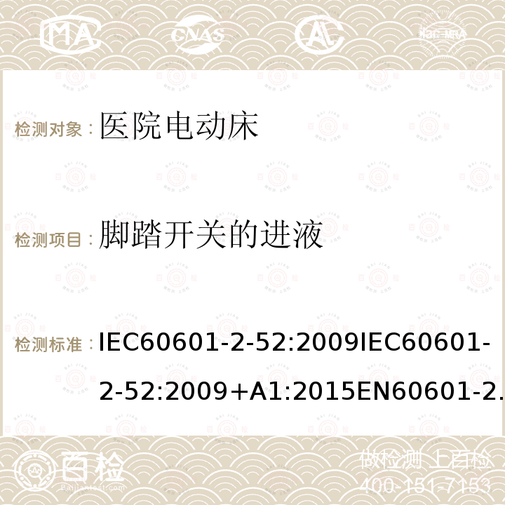 脚踏开关的进液 IEC 60601-2-52-2009 医用电气设备 第2-52部分:医用床的基本安全和基本性能专用要求