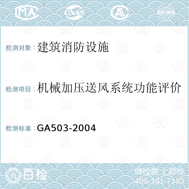 机械加压送风系统功能评价 GA 503-2004 建筑消防设施检测技术规程