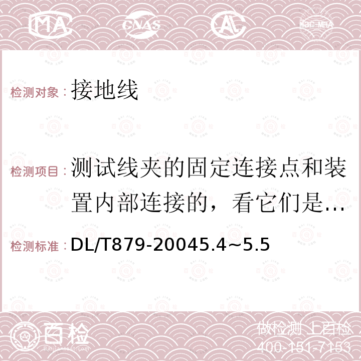 测试线夹的固定连接点和装置内部连接的，看它们是否有承受连接力的能力 DL/T 879-2004 带电作业用便携式接地和接地短路装置