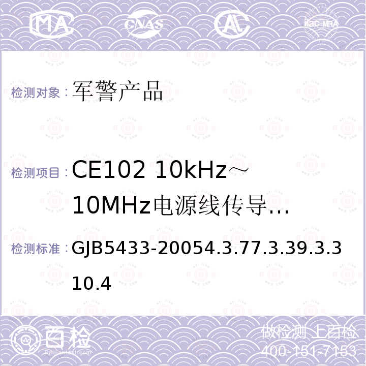 CE102 10kHz～10MHz
电源线传导发射 GJB5433-20054.3.77.3.39.3.310.4 无人机系统通用要求