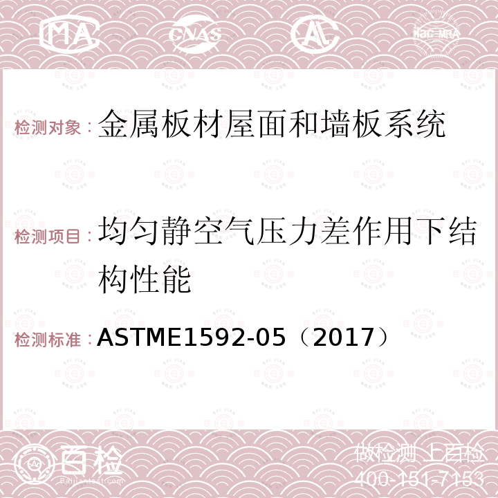 均匀静空气压力差作用下结构性能 ASTME1592-05（2017） 均匀静态压力差下金属屋面结构性能测试方法
