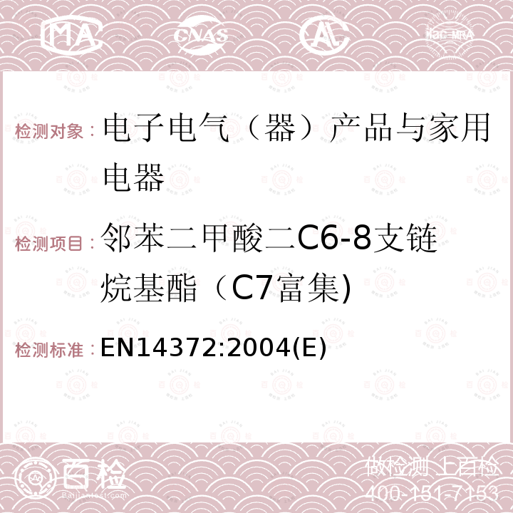 邻苯二甲酸二C6-8支链烷基酯（C7富集) EN14372:2004(E) 邻苯二甲酸酯测试作业指导书Q/CTI LD-SZCCHL-0354，参考标准：儿童用护理用品、刀叉和喂养工具，安全要求和试验 6.3.2 邻苯二甲酸酯含量的测定