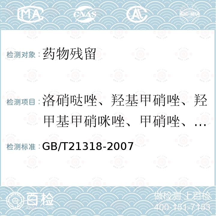 洛硝哒唑、羟基甲硝唑、羟甲基甲硝咪唑、甲硝唑、地美硝唑 GB/T 21318-2007 动物源性食品中硝基咪唑残留量检验方法