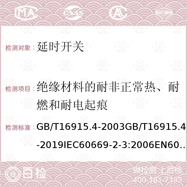绝缘材料的耐非正常热、耐燃和耐电起痕 家用和类似用途固定式电气装置的开关 第2-3部分： 延时开关(TDS)的特殊要求