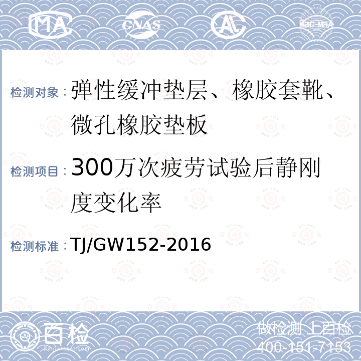 300万次疲劳试验后静刚度变化率 TJ/GW152-2016 客货共线铁路隧道弹性支撑块式无砟轨道用部件暂行技术条件 附录B