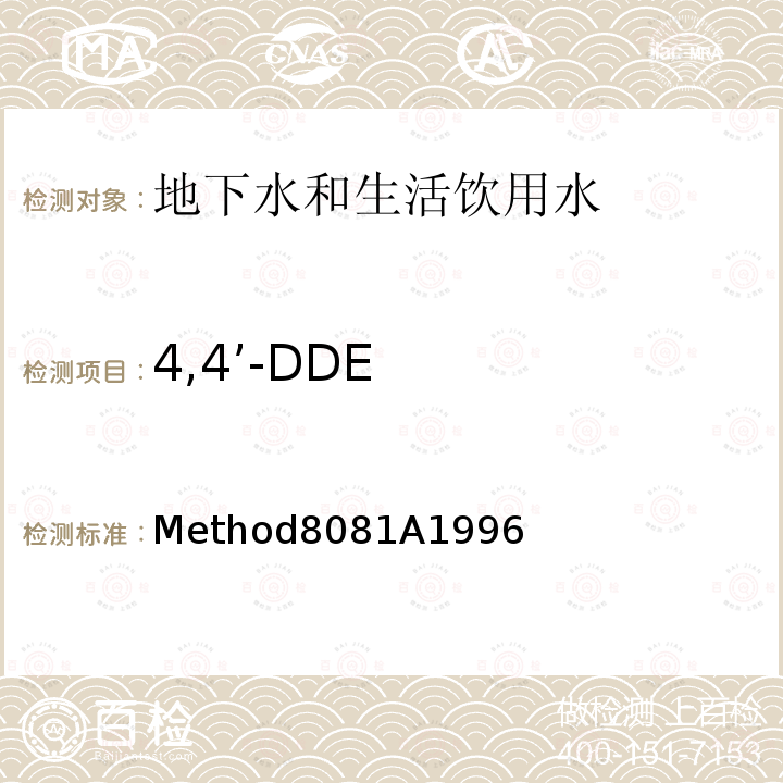 4,4’-DDE Method8081A1996 美国国家环保局（U.S.EPA）气相色谱测定有机氯农药