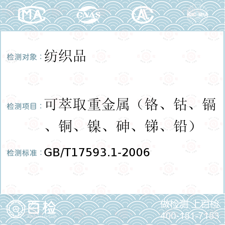 可萃取重金属（铬、钴、镉、铜、镍、砷、锑、铅） GB/T 17593.1-2006 纺织品 重金属的测定 第1部分:原子吸收分光光度法