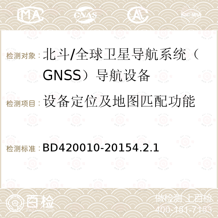 设备定位及地图匹配功能 BD420010-20154.2.1 北斗/全球卫星导航系统（GNSS）导航设备通用规范