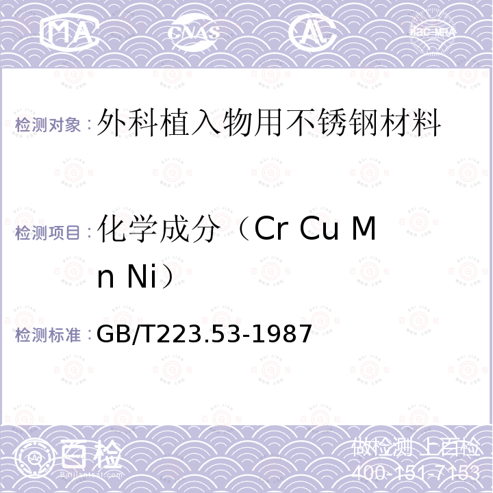 化学成分（Cr Cu Mn Ni） GB/T 223.53-1987 钢铁及合金化学分析方法 火焰原子吸收分光光度法测定铜量