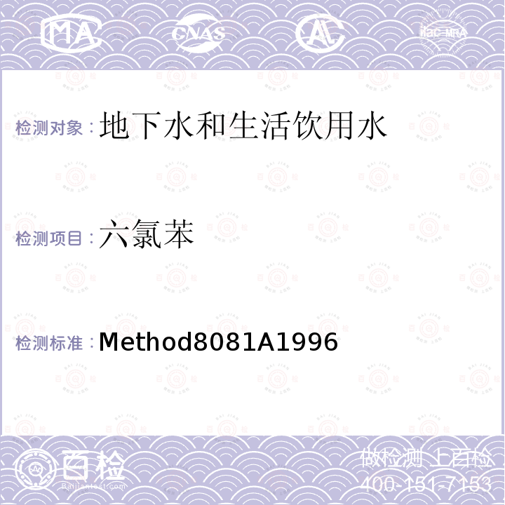 六氯苯 Method8081A1996 美国国家环保局（U.S.EPA）气相色谱测定有机氯农药