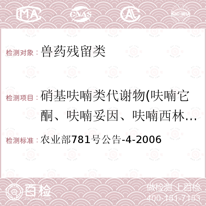 硝基呋喃类代谢物(呋喃它酮、呋喃妥因、呋喃西林、呋喃唑酮) 农业部781号公告-4-2006 动物源食品中硝基呋喃类代谢物残留量的测定 高效液相色谱-串联质谱法