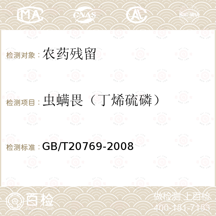 虫螨畏（丁烯硫磷） GB/T 20769-2008 水果和蔬菜中450种农药及相关化学品残留量的测定 液相色谱-串联质谱法