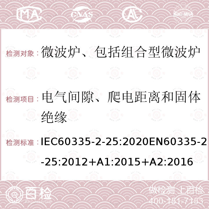 电气间隙、爬电距离和固体绝缘 IEC 60335-2-25-2020 家用和类似用途电器 安全 第2-25部分 微波炉的特殊要求，包括组合微波炉