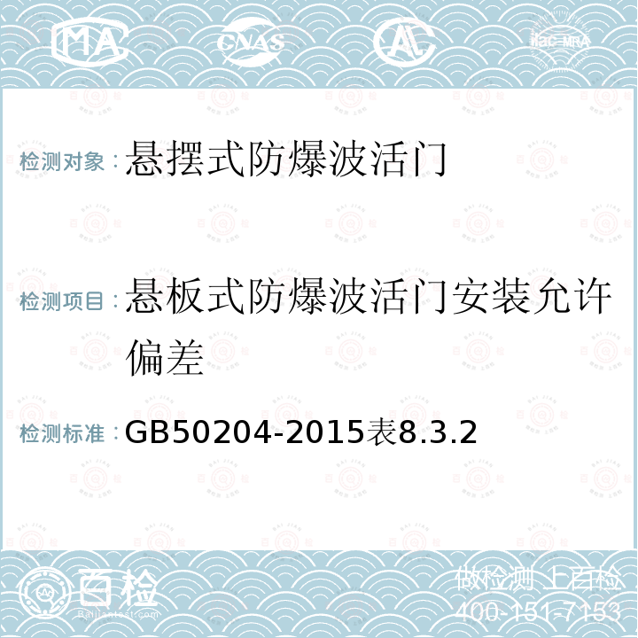 悬板式防爆波活门安装允许偏差 GB 50204-1992 混凝土结构工程施工及验收规范