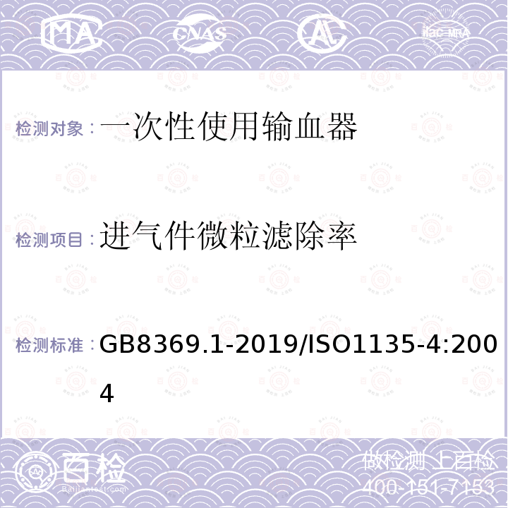 进气件微粒滤除率 GB 8369-2005 一次性使用输血器