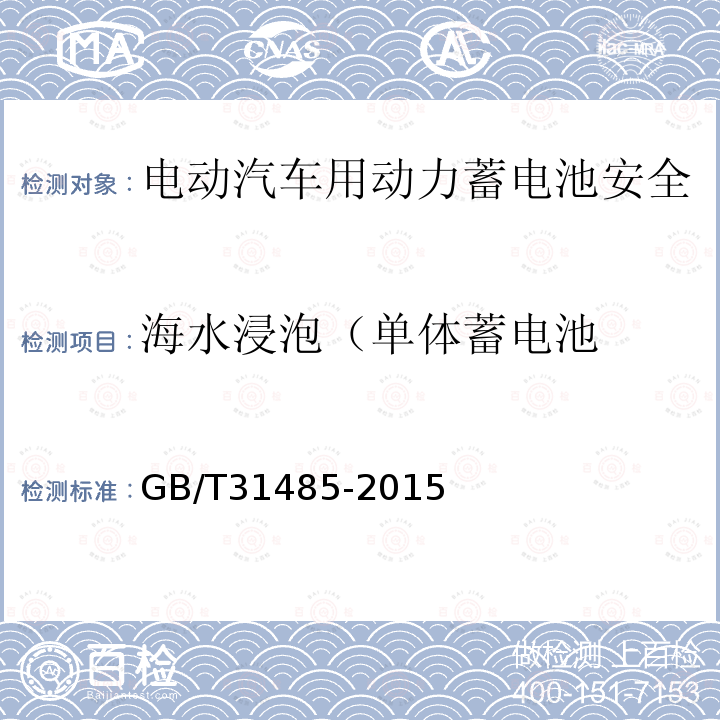 海水浸泡（单体蓄电池 电动汽车用于动力蓄电池安全要求及试验方法