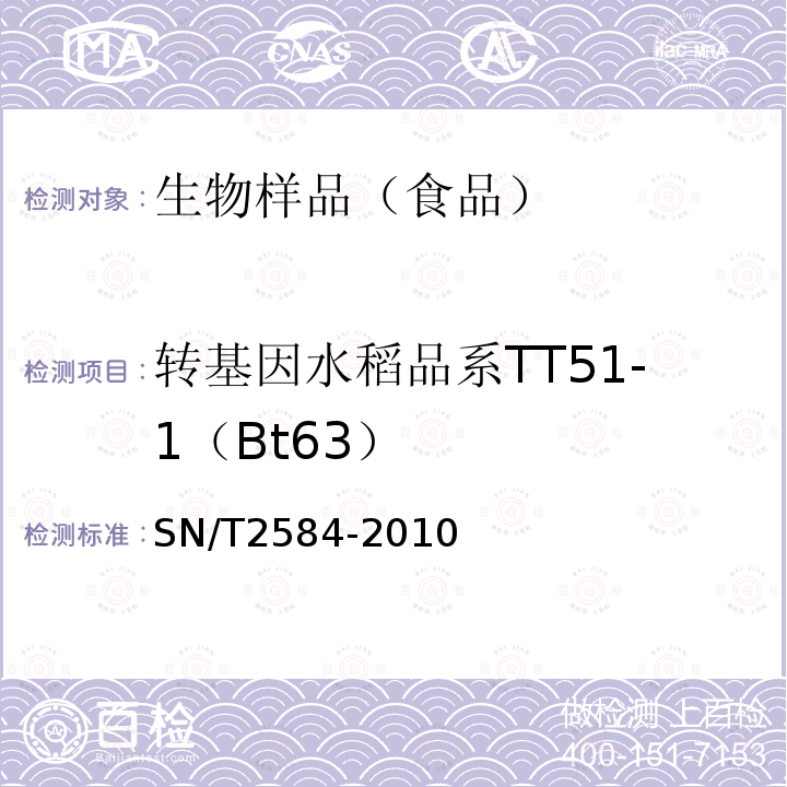 转基因水稻品系TT51-1（Bt63） SN/T 2584-2010 水稻及其产品中转基因成分 实时荧光PCR检测方法