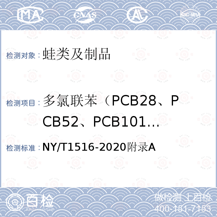 多氯联苯（PCB28、PCB52、PCB101、PCB118、PCB138、PCB153和PCB180） NY/T 1516-2020 绿色食品 蛙类及制品