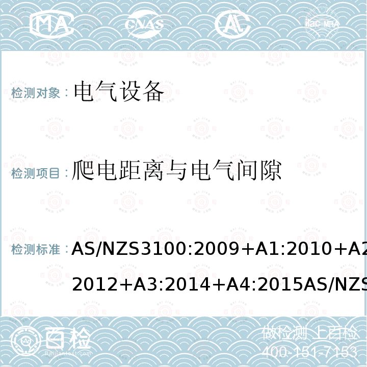 爬电距离与电气间隙 AS/NZS3100:2009+A1:2010+A2:2012+A3:2014+A4:2015AS/NZS3100:2017+A1:2017+A2:2019 认可和试验规范-电气设备通用要求