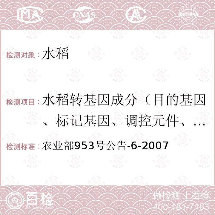 水稻转基因成分（目的基因、标记基因、调控元件、外源蛋白、转化事件、基因构建） 农业部953号公告-6-2007 转基因植物及其产品成分检测 抗虫转Bt基因水稻定性PCR方法