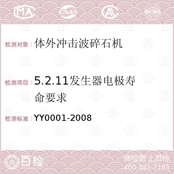 5.2.11发生器电极寿命要求 YY/T 0001-2008 【强改推】体外引发碎石设备技术要求
