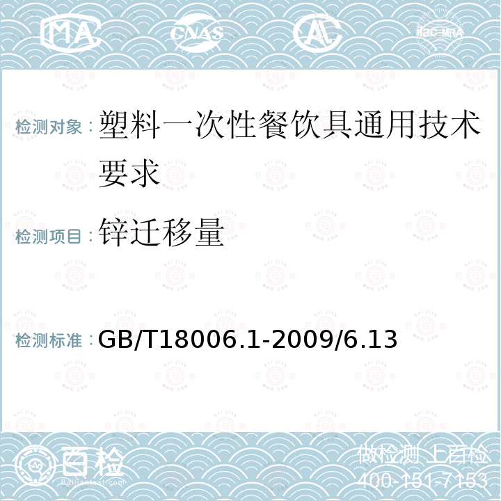 锌迁移量 GB/T 18006.1-2009 【强改推】塑料一次性餐饮具通用技术要求