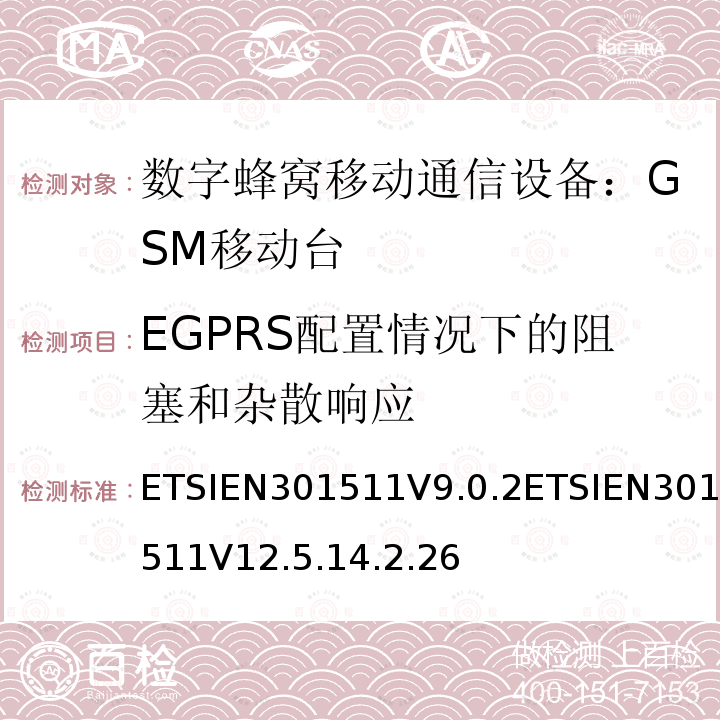 EGPRS配置情况下的阻塞和杂散响应 1999/5/EC 全球移动通讯系统（GSM）；对于工作在GSM900和GSM1800频段的移动台覆盖R&TTE指令()第3.2条款基本要求的协调标准