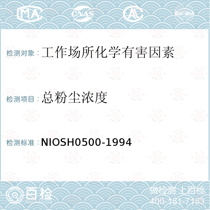 总粉尘浓度 NIOSH0500-1994 微粒的非标测试方法：气溶胶中总尘