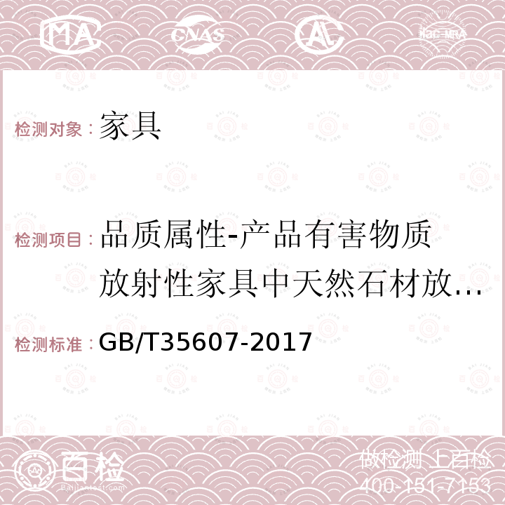 品质属性-产品有害物质 放射性家具中天然石材放射性核素擂-226、钍-232、钾-40的放射性比活度 绿色产品评价 家具