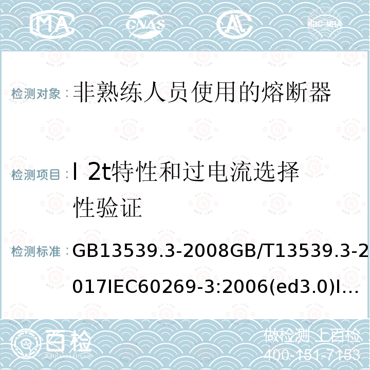 I 2t特性和过电流选择性验证 GB/T 13539.3-2008 【强改推】低压熔断器 第3部分:非熟练人员使用的熔断器的补充要求(主要用于家用和类似用途的熔断器) 标准化熔断器系统示例A至F