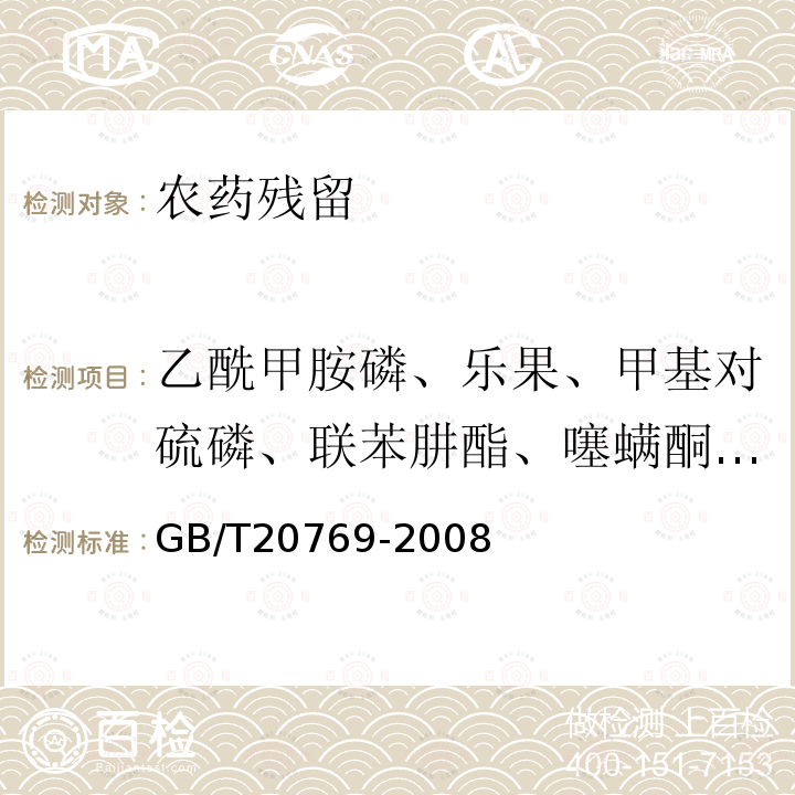 乙酰甲胺磷、乐果、甲基对硫磷、联苯肼酯、噻螨酮、三唑磷、克百威、马拉硫磷、乙霉威、杀螟丹、苯酰菌胺、氟吡甲禾灵、高效氟吡甲禾灵、甲氨基阿维菌素苯甲酸盐、辛硫磷、氟铃脲、霜霉威和霜霉威盐酸盐、吡虫啉、戊唑醇、抑霉唑、甲硫威、精二甲吩草胺、杀螟硫磷、灭幼脲、内吸磷、虫酰肼、氯唑磷、二氰蒽醌、噁唑菌酮、杀虫脒、灭菌丹、噻虫啉、四螨嗪、烯酰吗啉、啶酰菌胺、灭多威、甲萘威、三唑酮、腐霉利、多菌灵、噻虫嗪、敌百虫、哒螨灵、啶虫脒、甲霜灵、精甲霜灵、苯霜灵、戊菌唑、己唑醇、联苯三唑醇、噻嗪酮、氟硅唑、嘧霉胺、噻菌灵、噻虫胺、二嗪磷、硫线磷、吡唑醚菌酯、腈苯唑、腈菌唑、炔苯酰草胺、肟菌酯 GB/T 20769-2008 水果和蔬菜中450种农药及相关化学品残留量的测定 液相色谱-串联质谱法