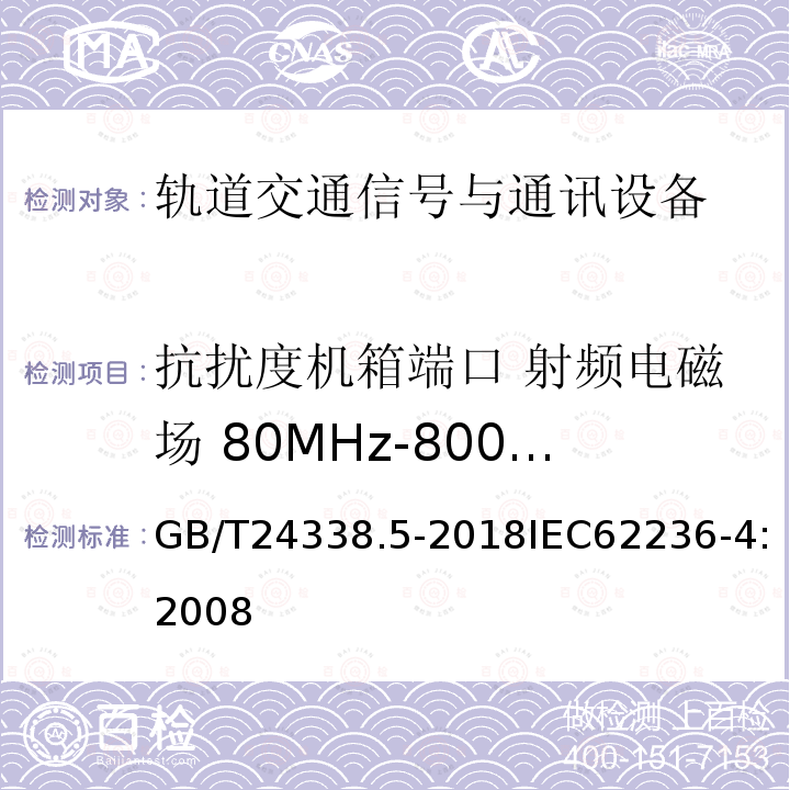 抗扰度机箱端口 射频电磁场 80MHz-800MHz GB/T 24338.5-2018 轨道交通 电磁兼容 第4部分：信号和通信设备的发射与抗扰度