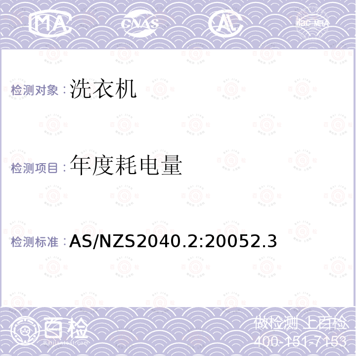 年度耗电量 AS/NZS2040.2:20052.3 家用电器性能－洗衣机第2部分：能效标签要求