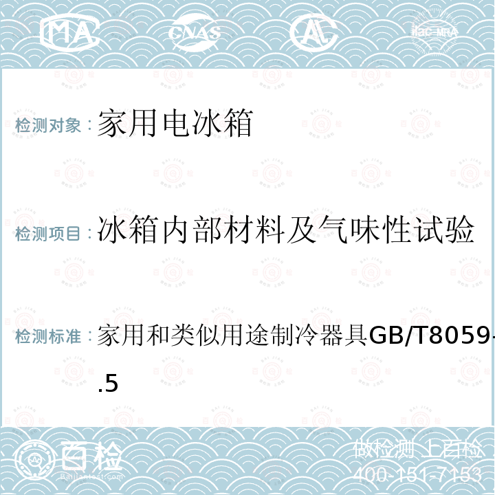 冰箱内部材料及气味性试验 家用和类似用途制冷器具 GB/T 8059-2016 5.5.5