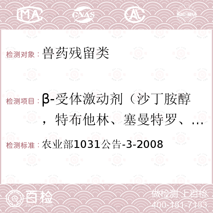 β-受体激动剂（沙丁胺醇，特布他林、塞曼特罗、塞布特罗、莱克多巴胺、克仑特罗、溴布特罗、苯氧丙酚胺、马布特罗、马贲特罗、溴代克仑特罗、盐酸克伦特罗、班布特罗、西马特罗、、非诺特罗、氯丙那林、妥布特罗、喷布特罗） 农业部1031公告-3-2008 猪肝和猪尿中β-受体激动剂残留检测 气相色谱-质谱法