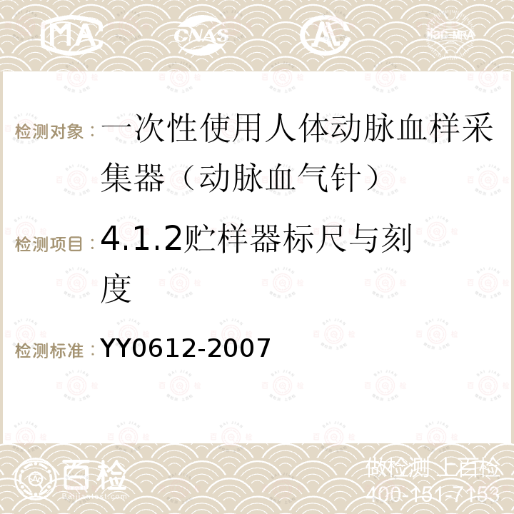 4.1.2贮样器标尺与刻度 YY 0612-2007 一次性使用人体动脉血样采集器(动脉血气针)