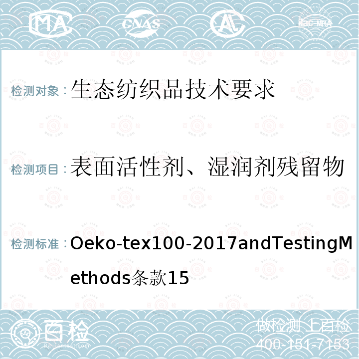 表面活性剂、湿润剂残留物 Oeko-tex100-2017andTestingMethods
条款15 生态纺织品技术要求和测试方法