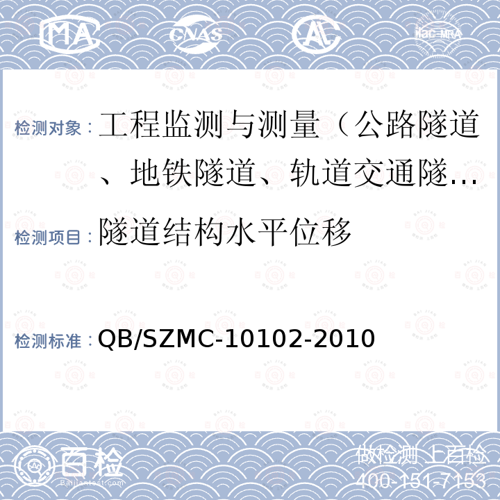 隧道结构水平位移 QB/SZMC-10102-2010 深圳城市轨道交通地下工程监测技术规范  5.5、7.2.4