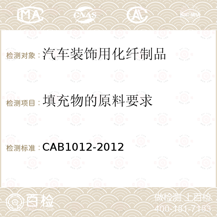 填充物的原料要求 CAB1012-2012 汽车装饰用化纤制品