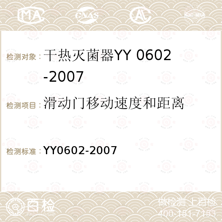 滑动门移动速度和距离 YY 0602-2007 测量、控制和试验室用电气设备的安全使用热空气或热惰性气体处理医用材料及供试验室用的干热灭菌器的特殊要求