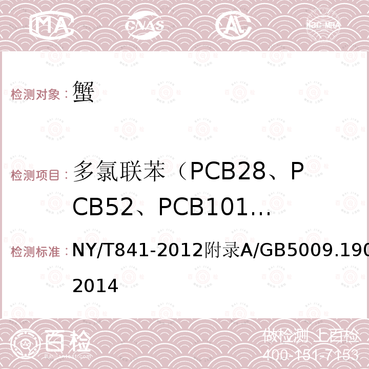 多氯联苯（PCB28、PCB52、PCB101、PCB118、PCB138、PCB153和PCB180） NY/T 841-2021 绿色食品 蟹