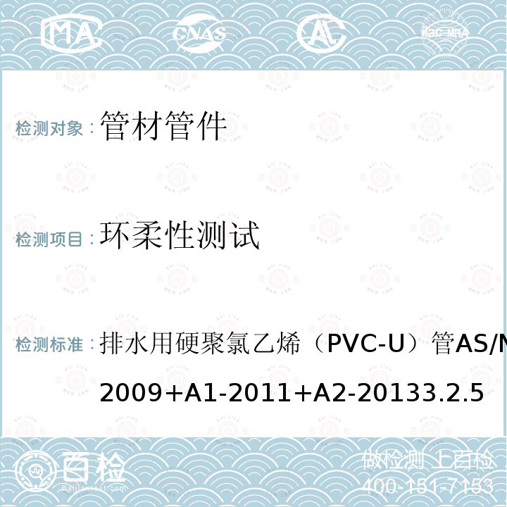 环柔性测试 AS/NZS 1260-2 排水用硬聚氯乙烯（PVC-U）管 009+A1-2011+A2-2013 3.2.5