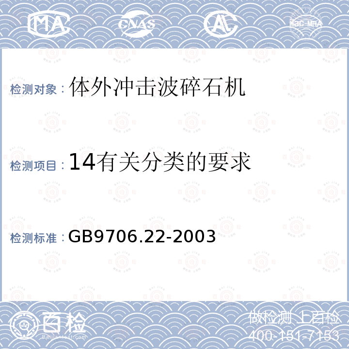 14有关分类的要求 GB 9706.22-2003 医用电气设备 第2部分:体外引发碎石设备安全专用要求