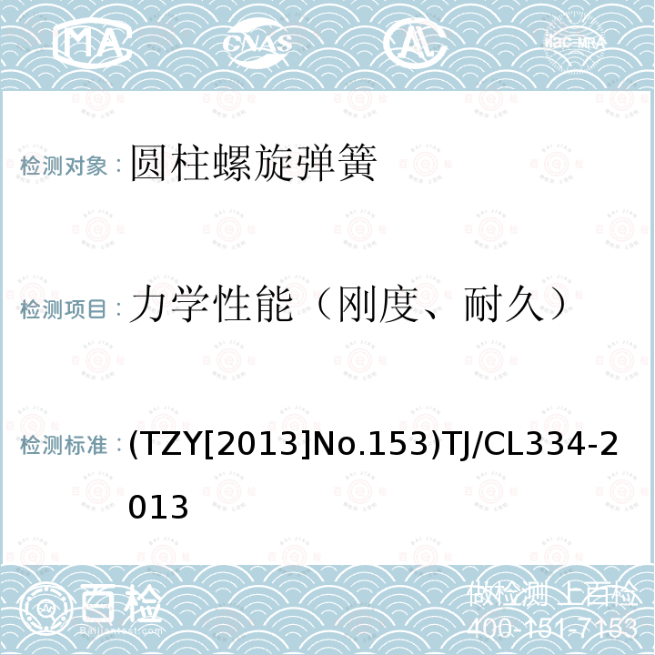 力学性能（刚度、耐久） (TZY[2013]No.153)TJ/CL334-2013 铁路客车转向架用钢制螺旋弹簧暂行技术条件